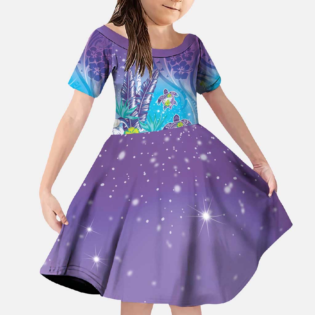 Hawaii Honu Family Matching Off Shoulder Maxi Dress and Hawaiian Shirt Tropical Flowers Purple Gradient LT05 Daughter's Dress Purple - Polynesian Pride