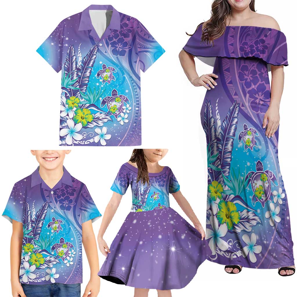 Hawaii Honu Family Matching Off Shoulder Maxi Dress and Hawaiian Shirt Tropical Flowers Purple Gradient LT05 - Polynesian Pride