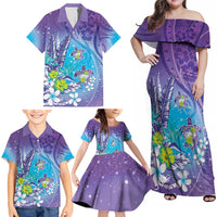 Hawaii Honu Family Matching Off Shoulder Maxi Dress and Hawaiian Shirt Tropical Flowers Purple Gradient LT05 - Polynesian Pride