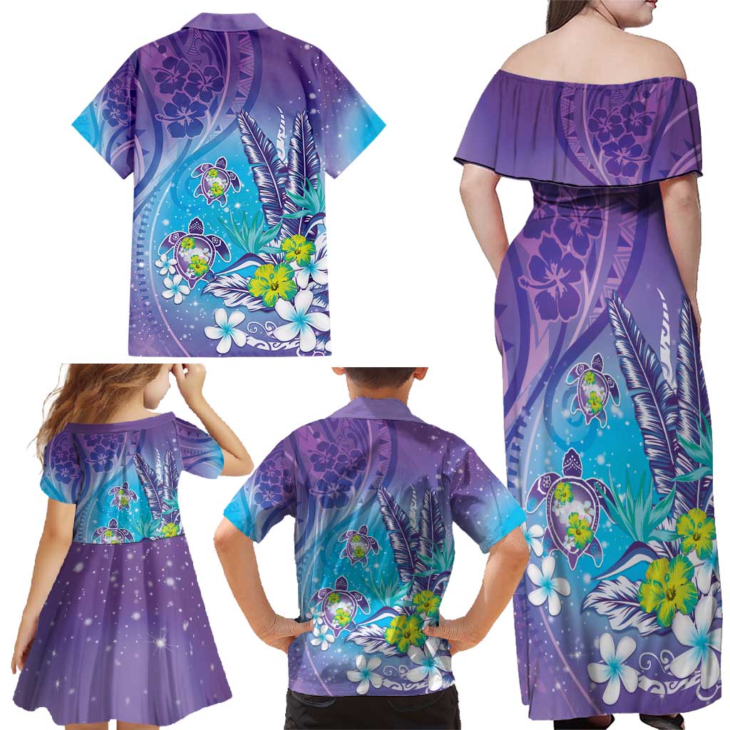 Hawaii Honu Family Matching Off Shoulder Maxi Dress and Hawaiian Shirt Tropical Flowers Purple Gradient LT05 - Polynesian Pride