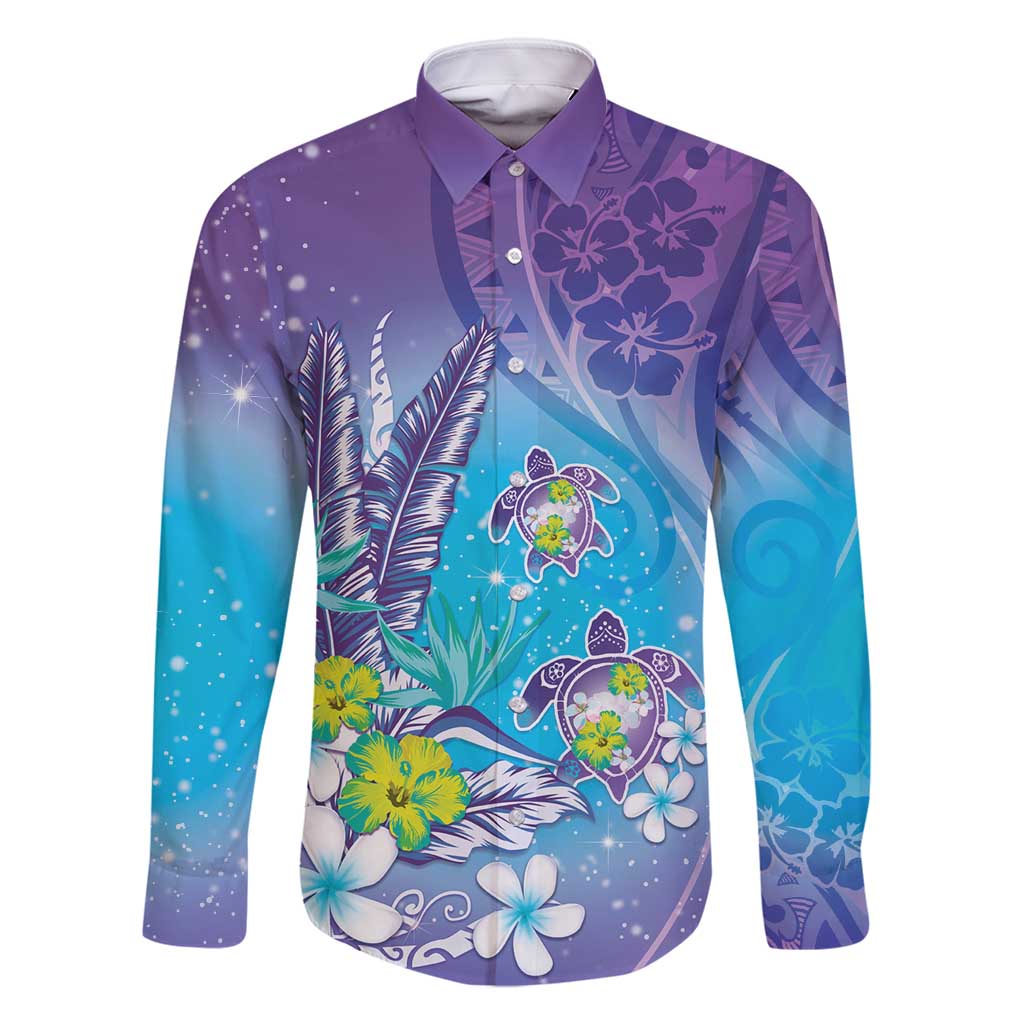 Hawaii Honu Family Matching Off Shoulder Maxi Dress and Hawaiian Shirt Tropical Flowers Purple Gradient LT05 Dad's Shirt - Long Sleeve Purple - Polynesian Pride