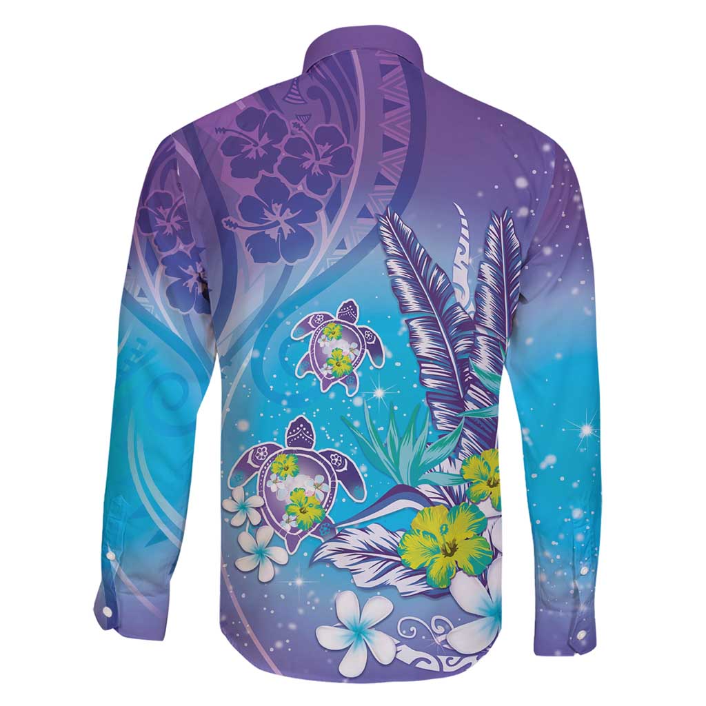 Hawaii Honu Family Matching Off Shoulder Maxi Dress and Hawaiian Shirt Tropical Flowers Purple Gradient LT05 - Polynesian Pride