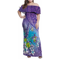 Hawaii Honu Family Matching Off Shoulder Maxi Dress and Hawaiian Shirt Tropical Flowers Purple Gradient LT05 Mom's Dress Purple - Polynesian Pride