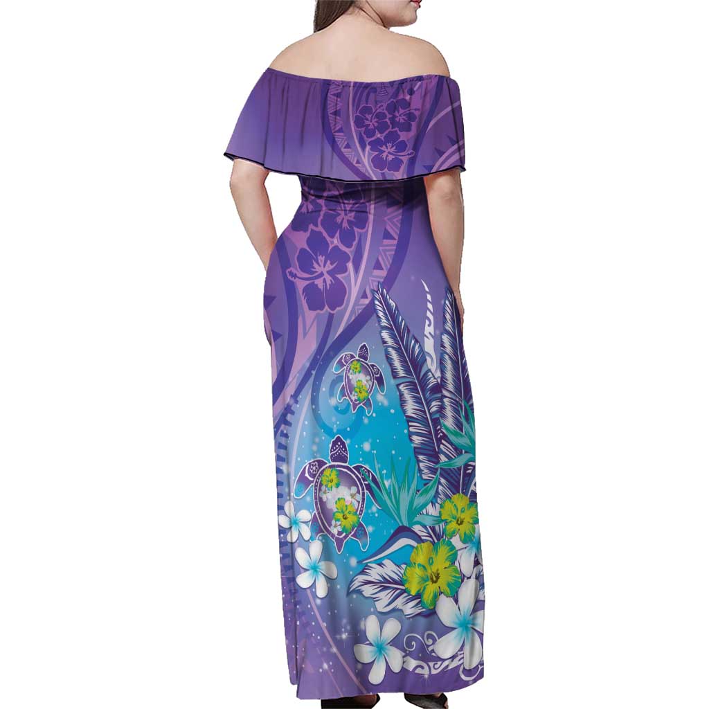 Hawaii Honu Family Matching Off Shoulder Maxi Dress and Hawaiian Shirt Tropical Flowers Purple Gradient LT05 - Polynesian Pride