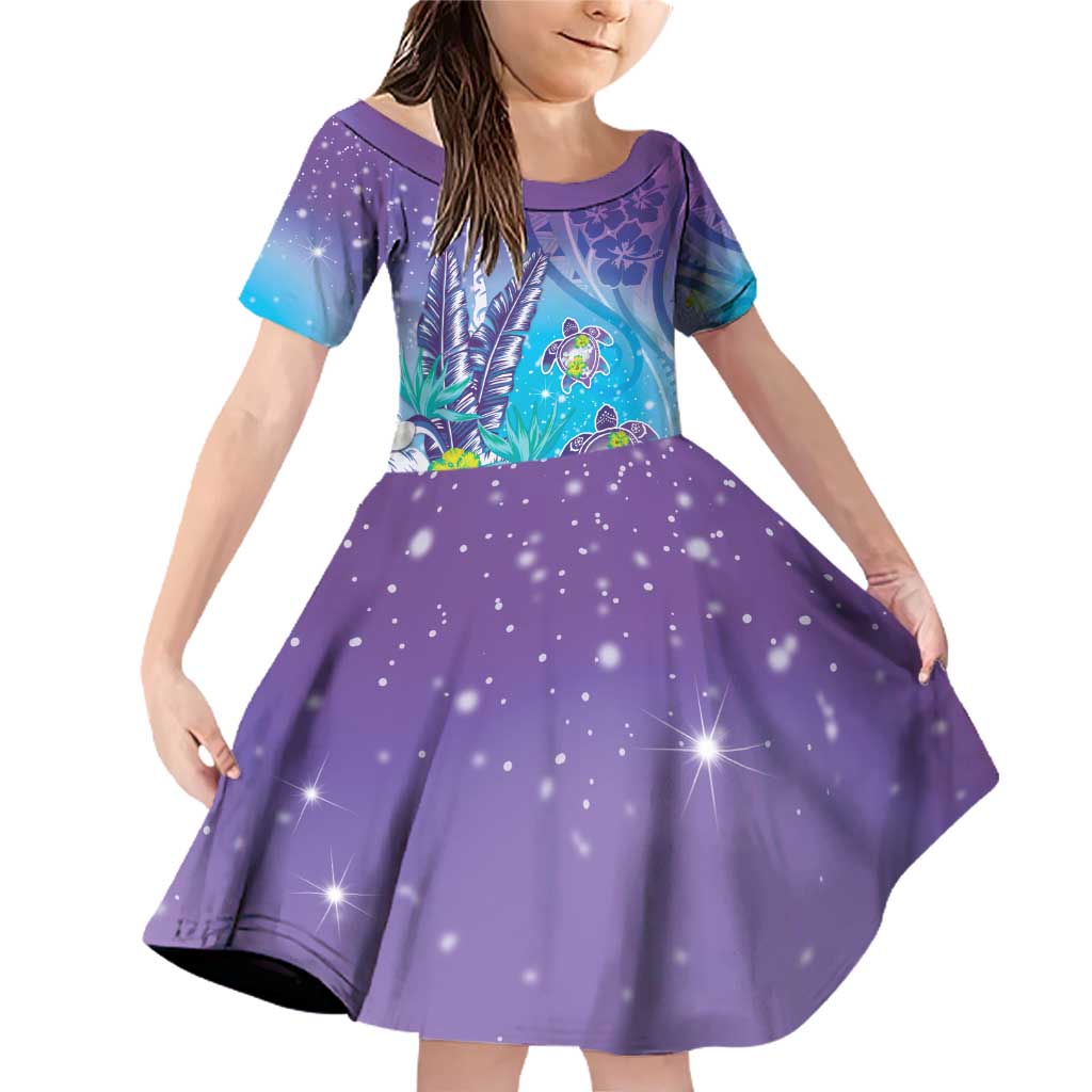 Hawaii Honu Family Matching Off Shoulder Short Dress and Hawaiian Shirt Tropical Flowers Purple Gradient LT05 Daughter's Dress Purple - Polynesian Pride