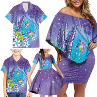 Hawaii Honu Family Matching Off Shoulder Short Dress and Hawaiian Shirt Tropical Flowers Purple Gradient LT05 - Polynesian Pride