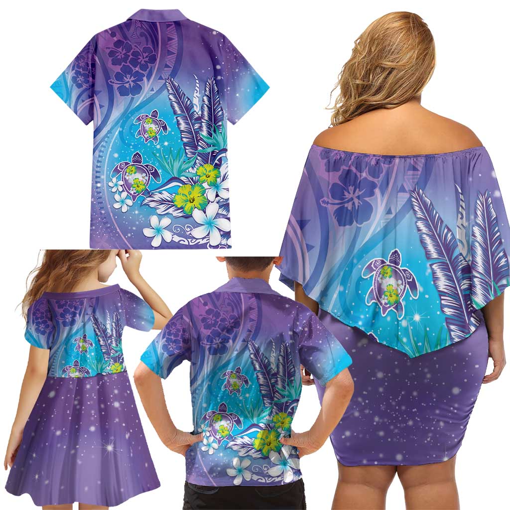 Hawaii Honu Family Matching Off Shoulder Short Dress and Hawaiian Shirt Tropical Flowers Purple Gradient LT05 - Polynesian Pride
