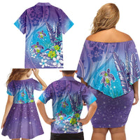 Hawaii Honu Family Matching Off Shoulder Short Dress and Hawaiian Shirt Tropical Flowers Purple Gradient LT05 - Polynesian Pride