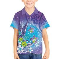 Hawaii Honu Family Matching Off Shoulder Short Dress and Hawaiian Shirt Tropical Flowers Purple Gradient LT05 Son's Shirt Purple - Polynesian Pride