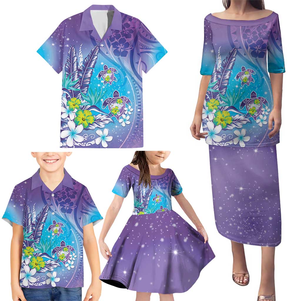 Hawaii Honu Family Matching Puletasi and Hawaiian Shirt Tropical Flowers Purple Gradient LT05 - Polynesian Pride