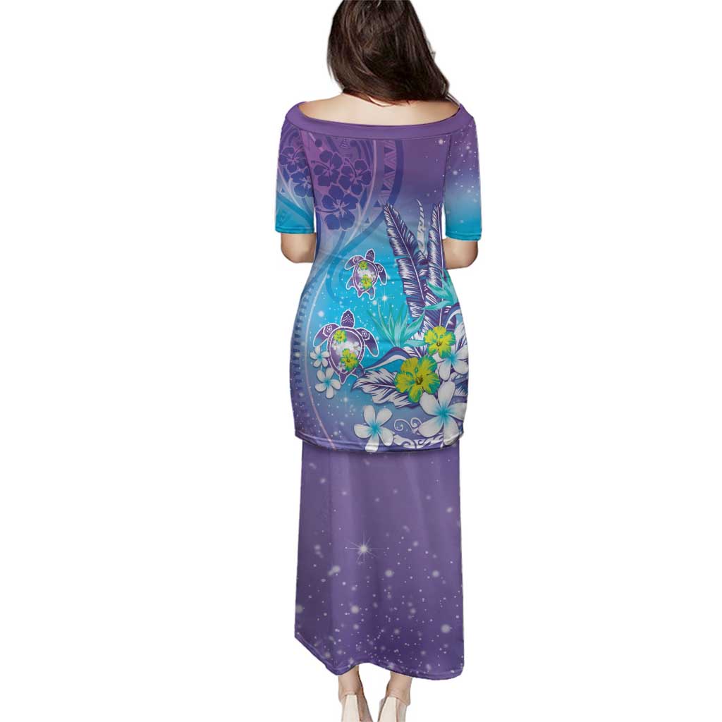 Hawaii Honu Family Matching Puletasi and Hawaiian Shirt Tropical Flowers Purple Gradient LT05 - Polynesian Pride