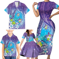 Hawaii Honu Family Matching Short Sleeve Bodycon Dress and Hawaiian Shirt Tropical Flowers Purple Gradient LT05 - Polynesian Pride