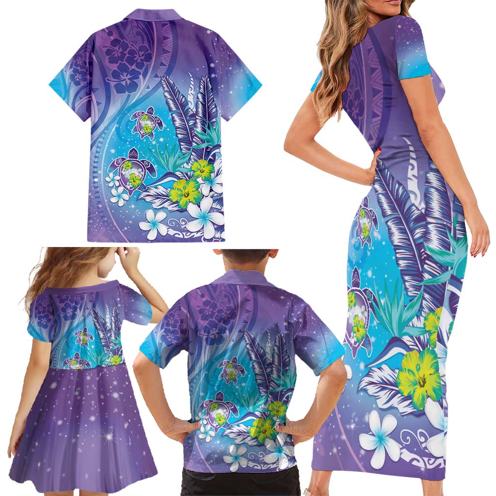 Hawaii Honu Family Matching Short Sleeve Bodycon Dress and Hawaiian Shirt Tropical Flowers Purple Gradient LT05 - Polynesian Pride