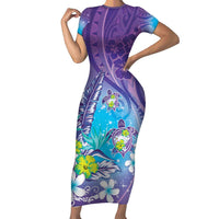 Hawaii Honu Family Matching Short Sleeve Bodycon Dress and Hawaiian Shirt Tropical Flowers Purple Gradient LT05 Mom's Dress Purple - Polynesian Pride