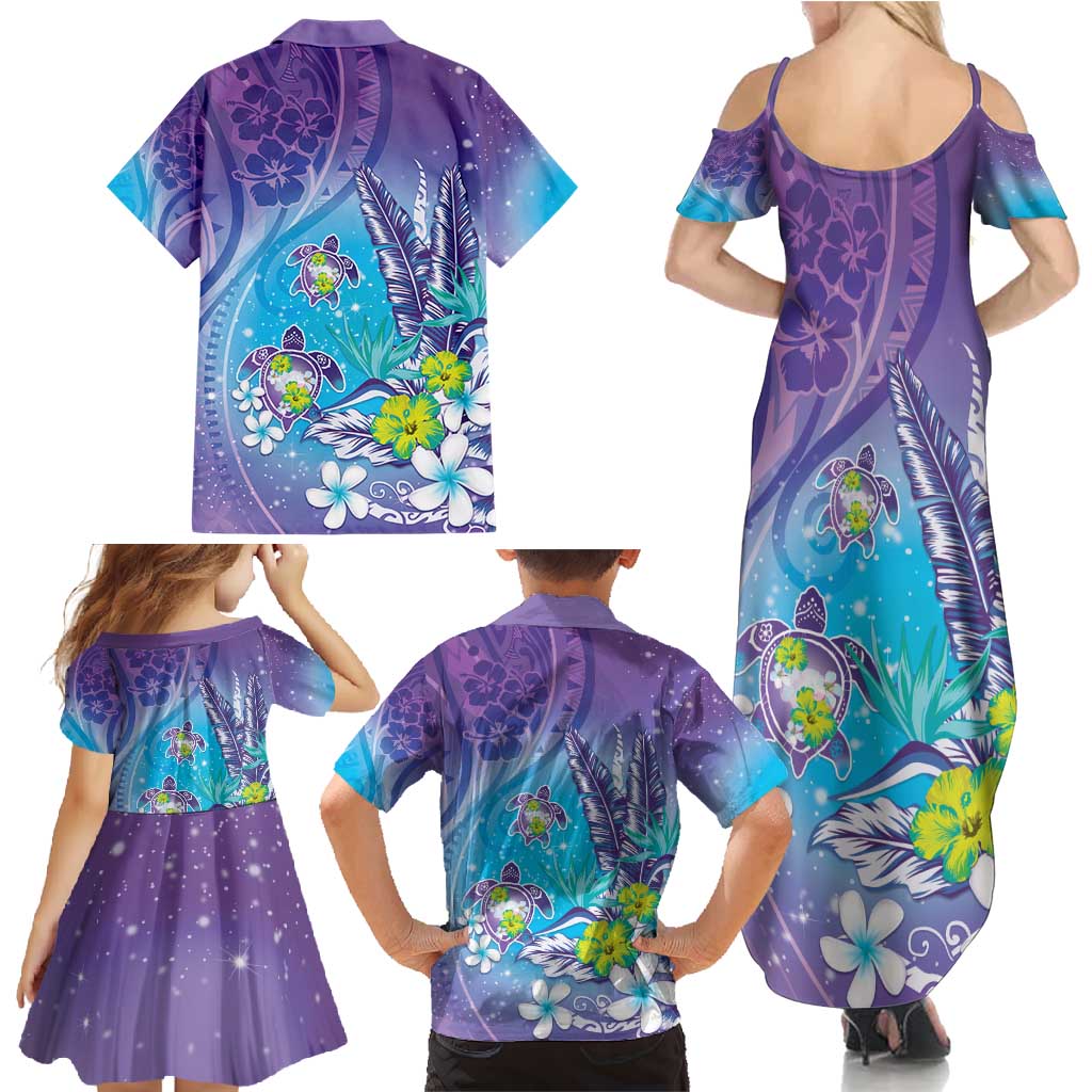Hawaii Honu Family Matching Summer Maxi Dress and Hawaiian Shirt - Tropical Flowers Purple Gradient LT05 - Polynesian Pride