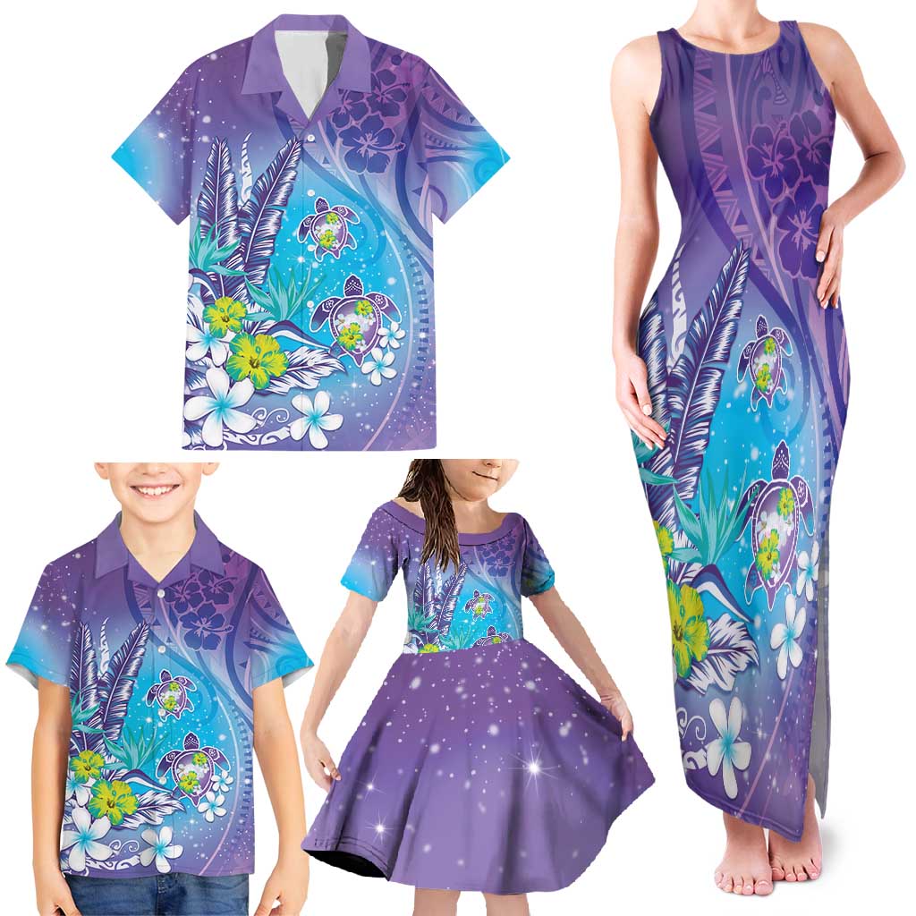 Hawaii Honu Family Matching Tank Maxi Dress and Hawaiian Shirt - Tropical Flowers Purple Gradient LT05 - Polynesian Pride