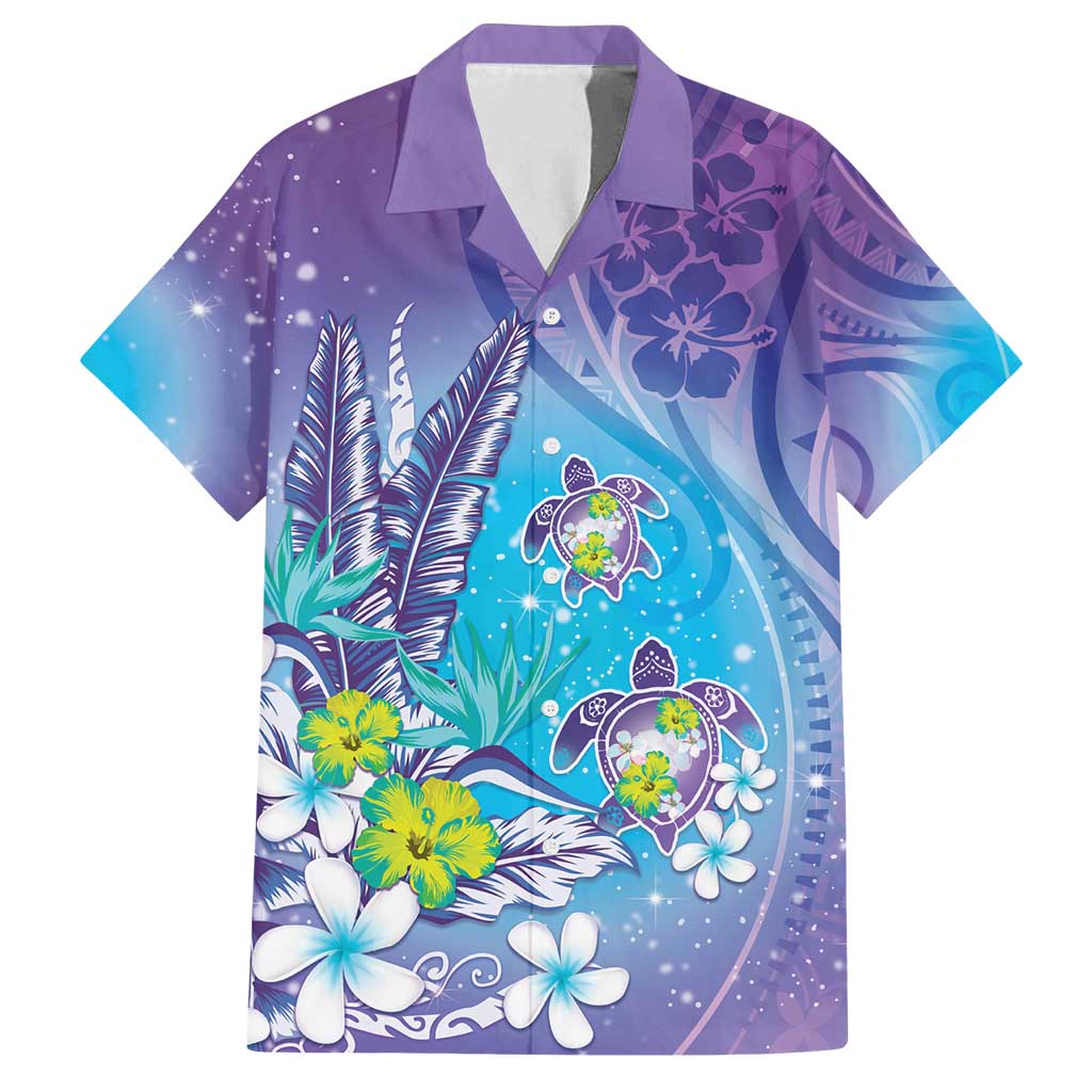 Hawaii Honu Family Matching Tank Maxi Dress and Hawaiian Shirt - Tropical Flowers Purple Gradient LT05 Dad's Shirt - Short Sleeve Purple - Polynesian Pride
