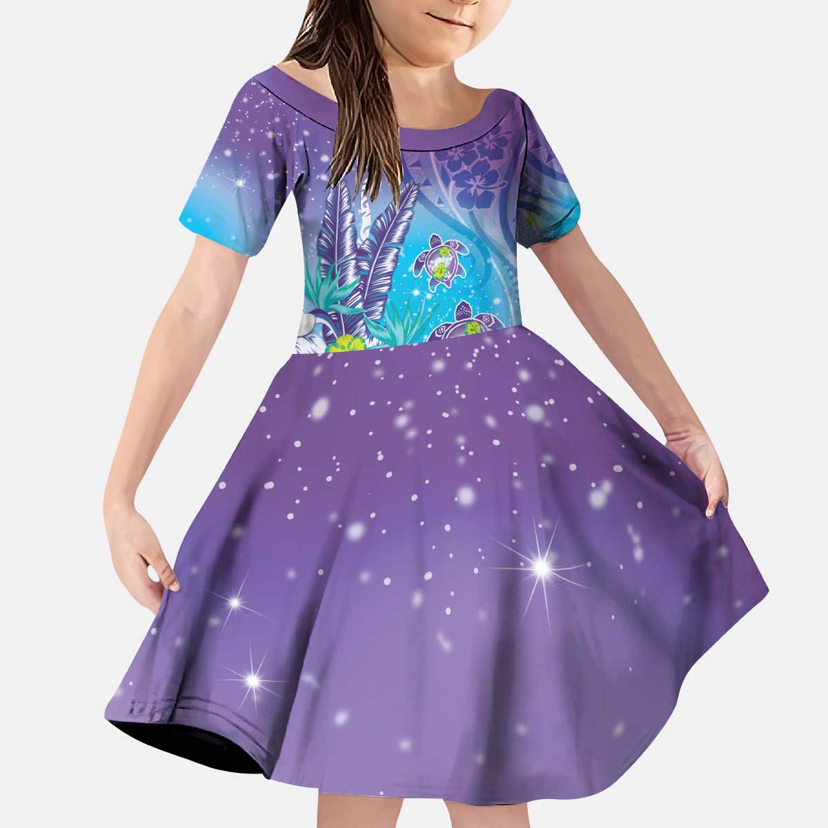 Hawaii Honu Kid Short Sleeve Dress Tropical Flowers Purple Gradient LT05 KID Purple - Polynesian Pride