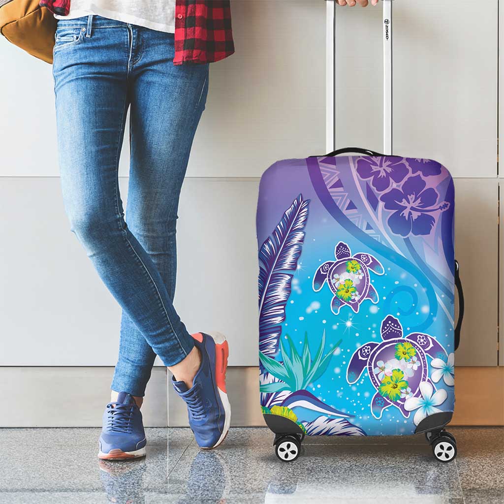 Hawaii Honu Luggage Cover Tropical Flowers Purple Gradient