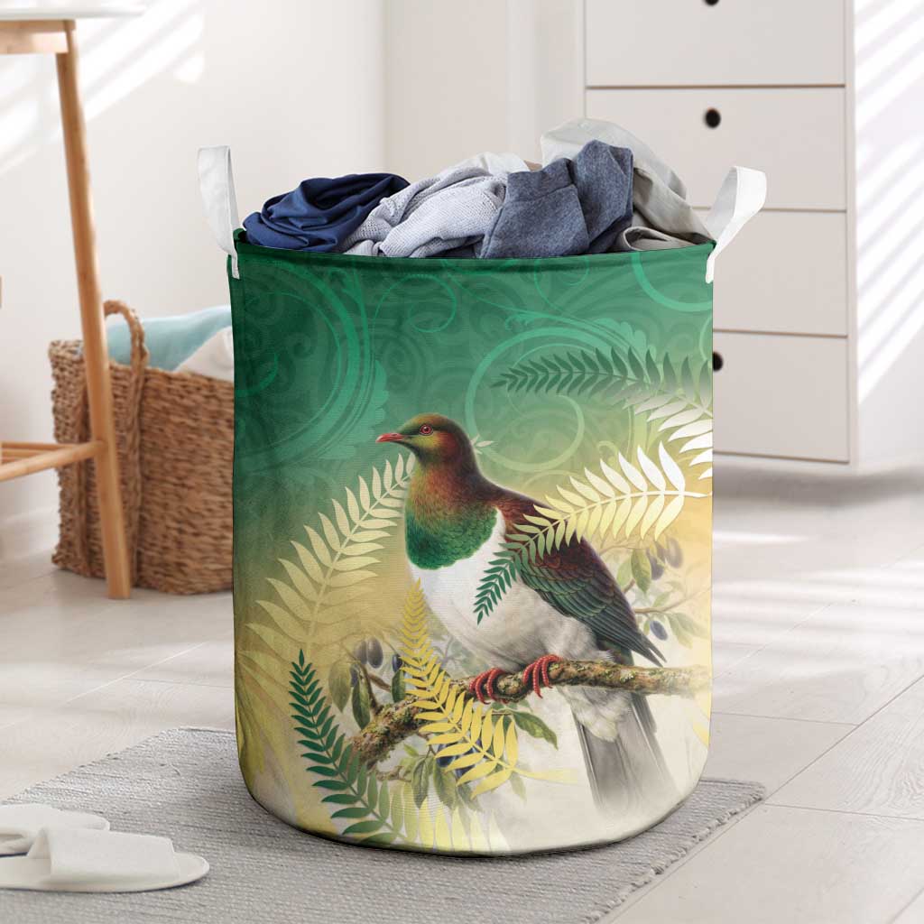New Zealand Pigeon Kereru Laundry Basket Maori Fern Art Green Gradient LT05 Green - Polynesian Pride