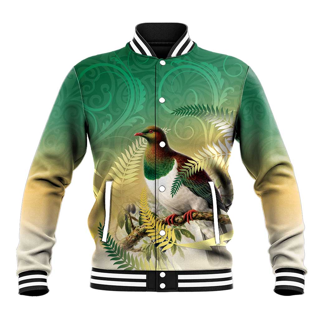 New Zealand Pigeon Kereru Baseball Jacket Maori Fern Art Green Gradient LT05 Unisex Green - Polynesian Pride