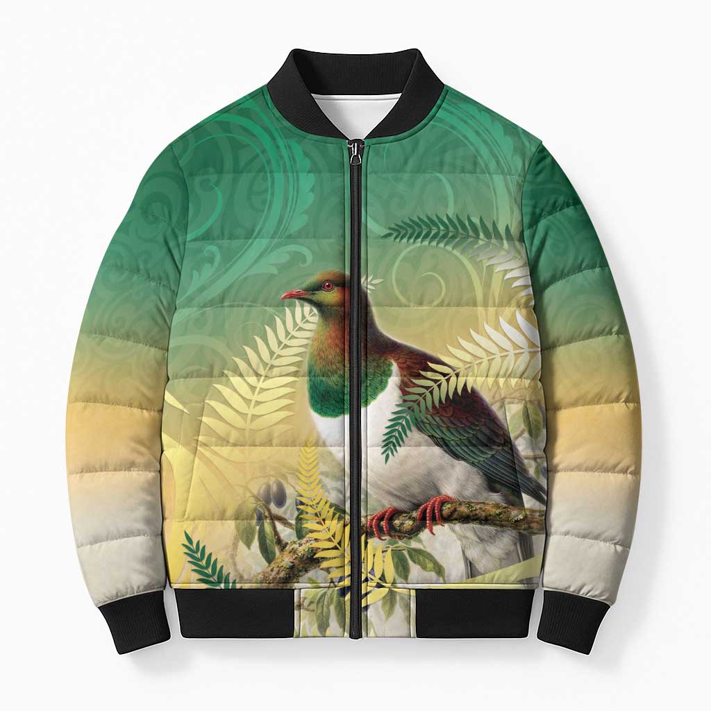 New Zealand Pigeon Kereru Bomber Puffer Jacket Maori Fern Art Green Gradient LT05 Unisex Green - Polynesian Pride