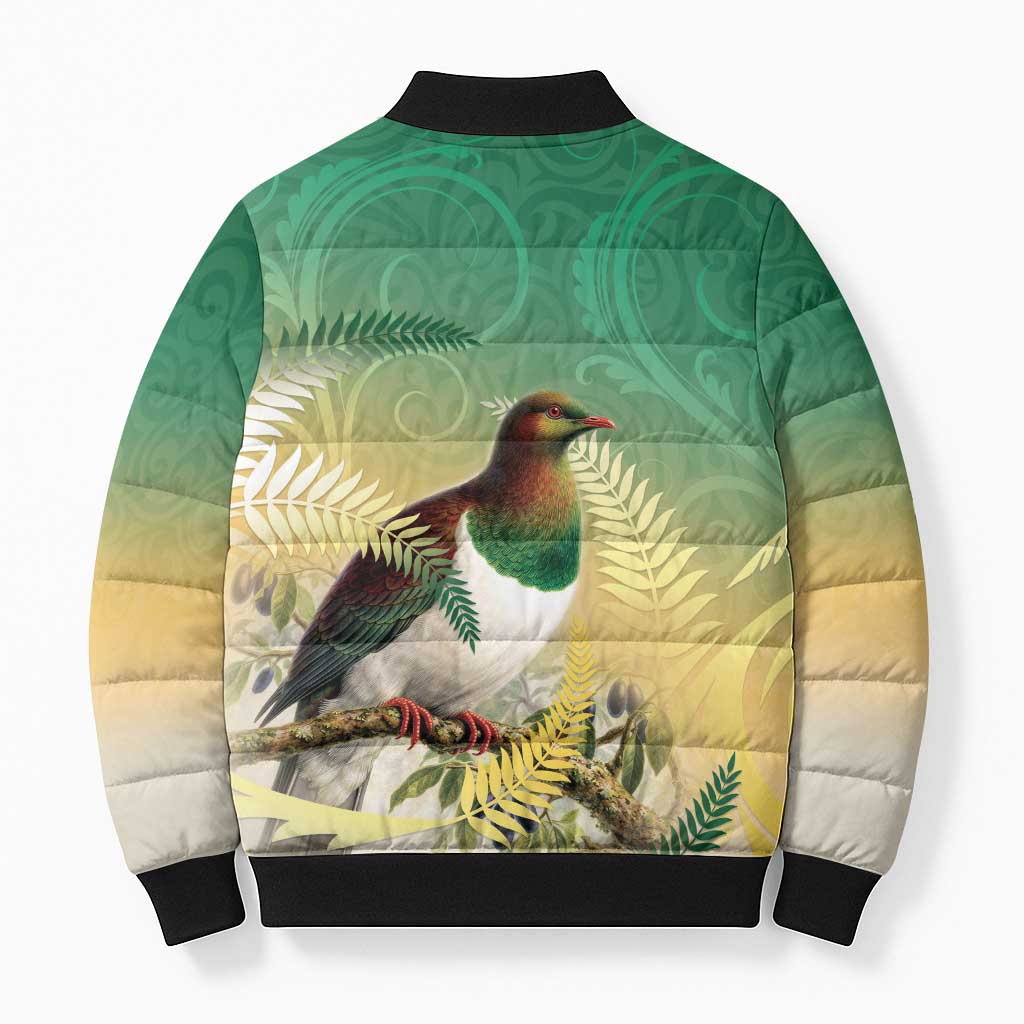New Zealand Pigeon Kereru Bomber Puffer Jacket Maori Fern Art Green Gradient LT05 - Polynesian Pride