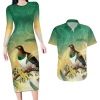 New Zealand Pigeon Kereru Couples Matching Long Sleeve Bodycon Dress and Hawaiian Shirt Maori Fern Art Green Gradient LT05 Green - Polynesian Pride
