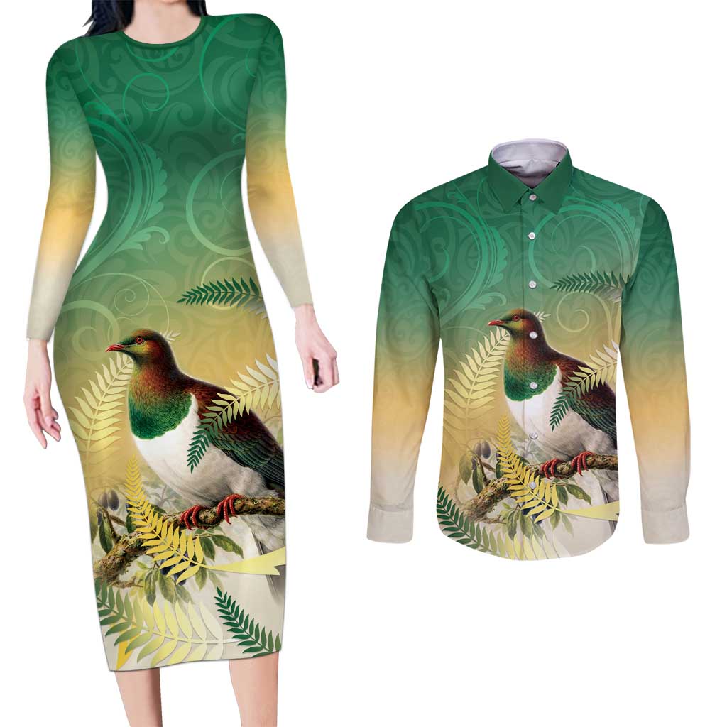 New Zealand Pigeon Kereru Couples Matching Long Sleeve Bodycon Dress and Long Sleeve Button Shirt Maori Fern Art Green Gradient LT05 Green - Polynesian Pride