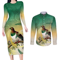 New Zealand Pigeon Kereru Couples Matching Long Sleeve Bodycon Dress and Long Sleeve Button Shirt Maori Fern Art Green Gradient LT05 Green - Polynesian Pride