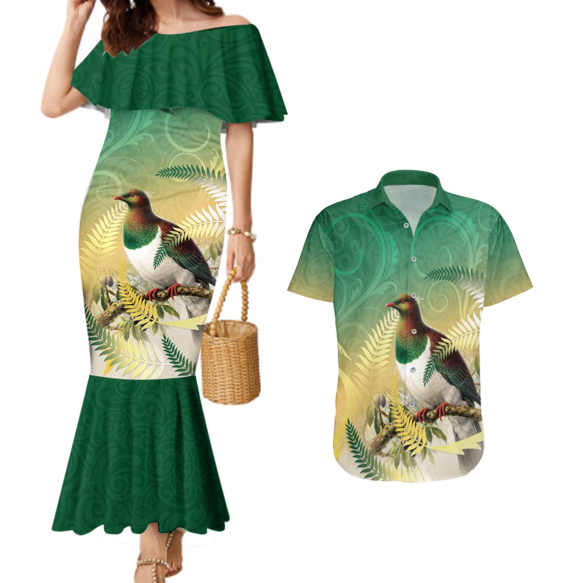 New Zealand Pigeon Kereru Couples Matching Mermaid Dress and Hawaiian Shirt Maori Fern Art Green Gradient LT05 Green - Polynesian Pride