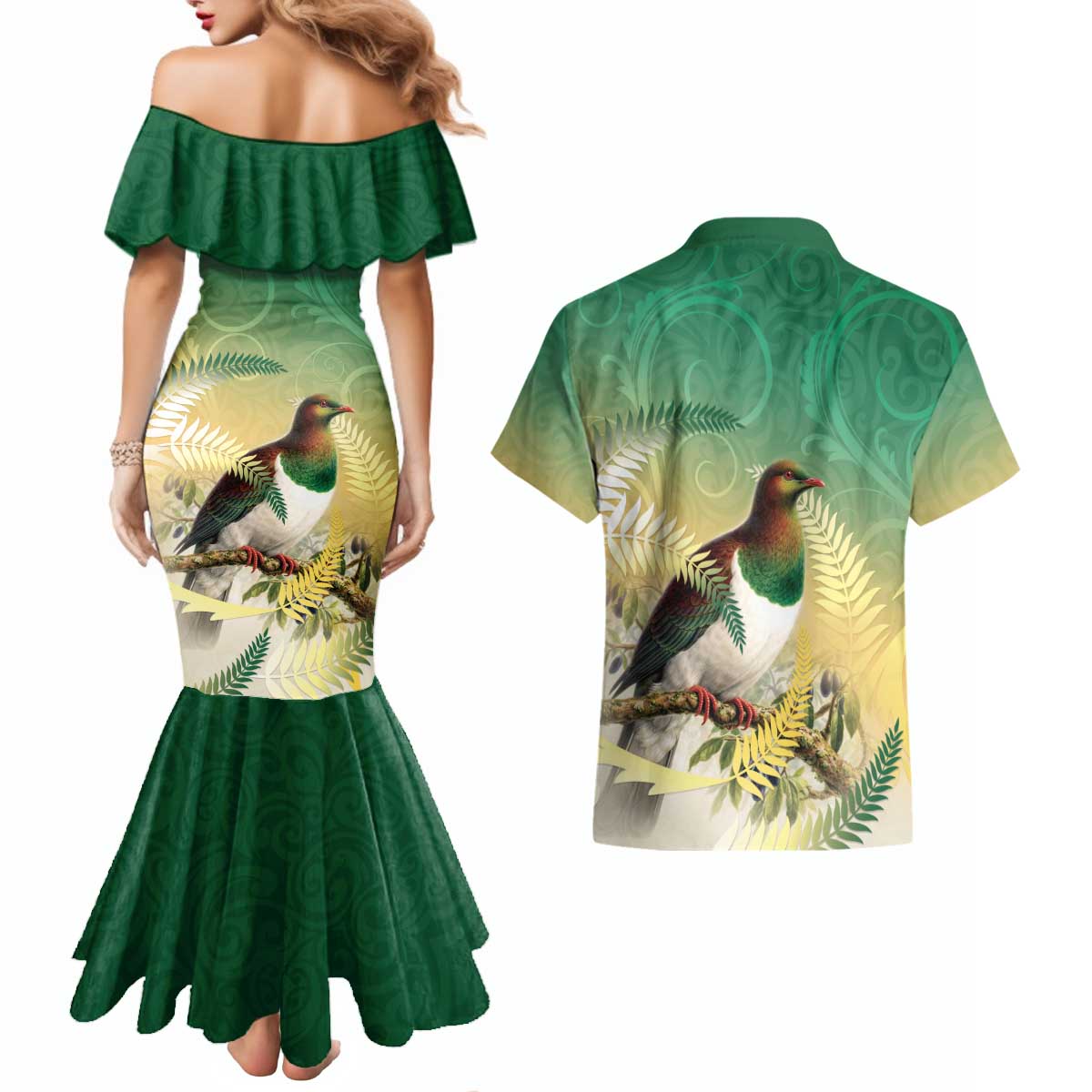 New Zealand Pigeon Kereru Couples Matching Mermaid Dress and Hawaiian Shirt Maori Fern Art Green Gradient LT05 - Polynesian Pride