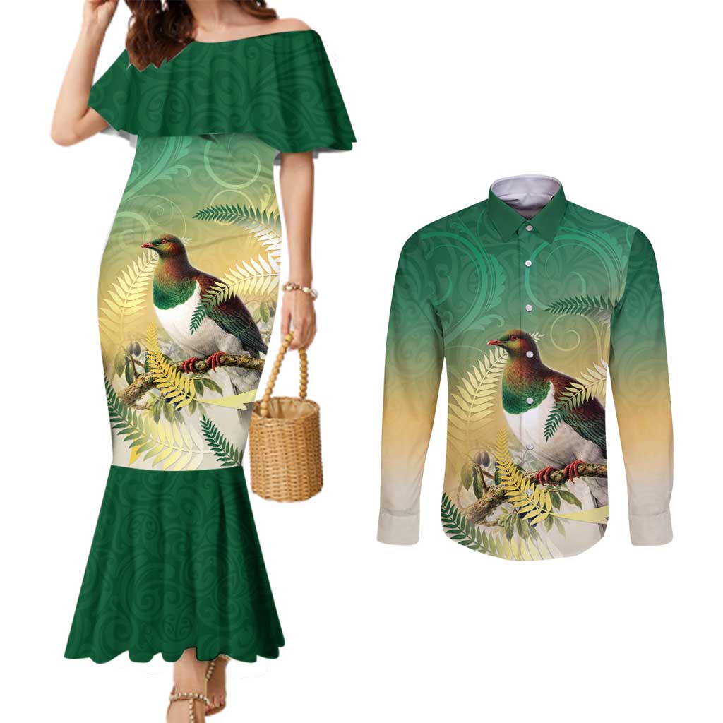 New Zealand Pigeon Kereru Couples Matching Mermaid Dress and Long Sleeve Button Shirt Maori Fern Art Green Gradient LT05 Green - Polynesian Pride