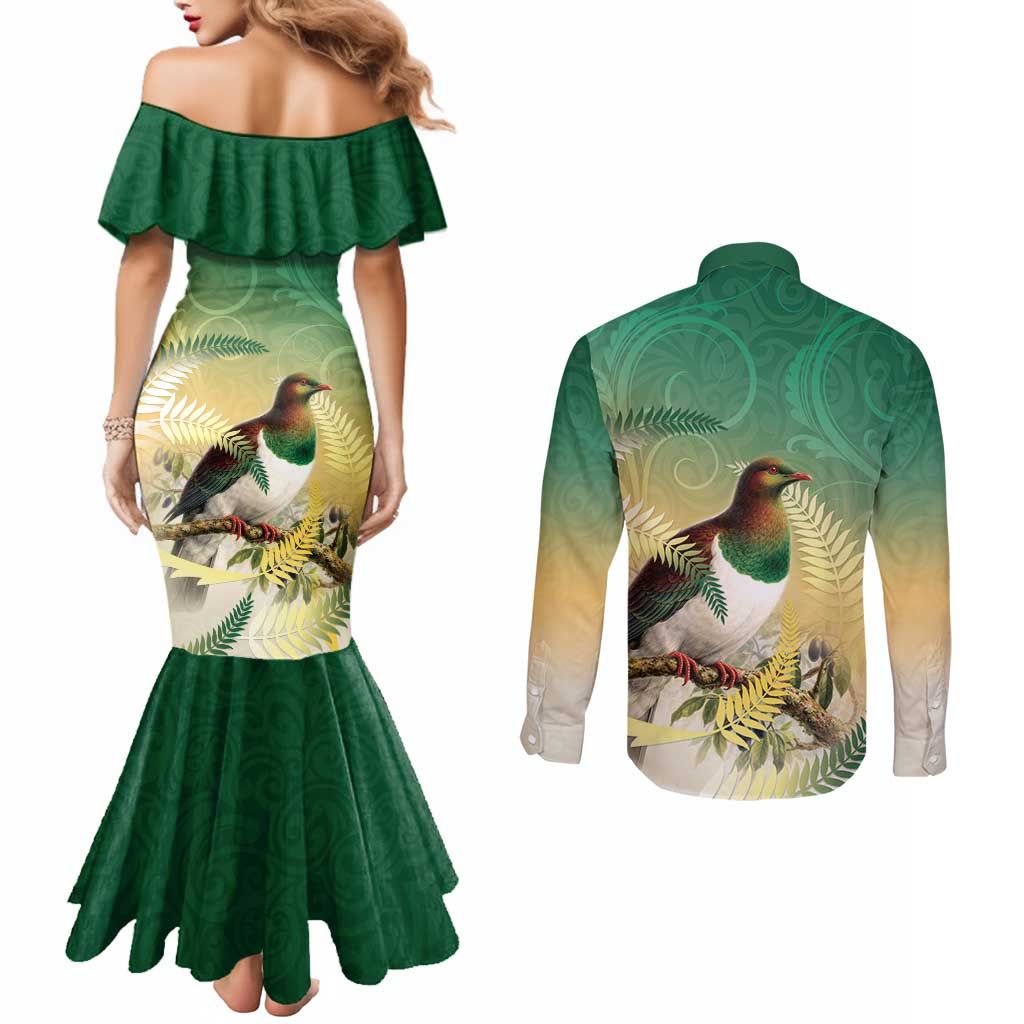 New Zealand Pigeon Kereru Couples Matching Mermaid Dress and Long Sleeve Button Shirt Maori Fern Art Green Gradient LT05 - Polynesian Pride
