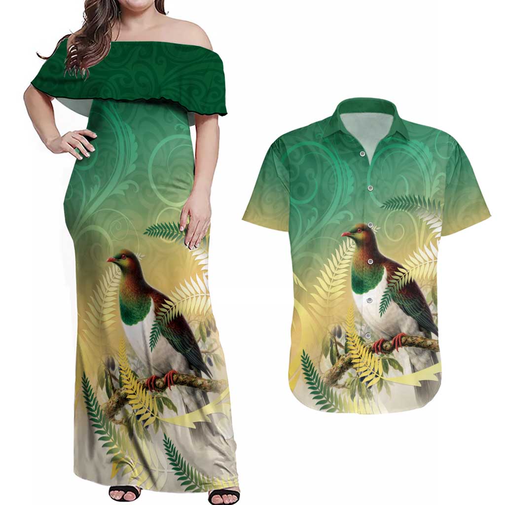 New Zealand Pigeon Kereru Couples Matching Off Shoulder Maxi Dress and Hawaiian Shirt Maori Fern Art Green Gradient LT05 Green - Polynesian Pride