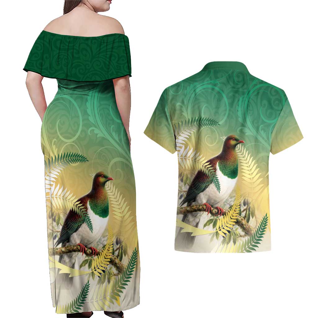 New Zealand Pigeon Kereru Couples Matching Off Shoulder Maxi Dress and Hawaiian Shirt Maori Fern Art Green Gradient LT05 - Polynesian Pride