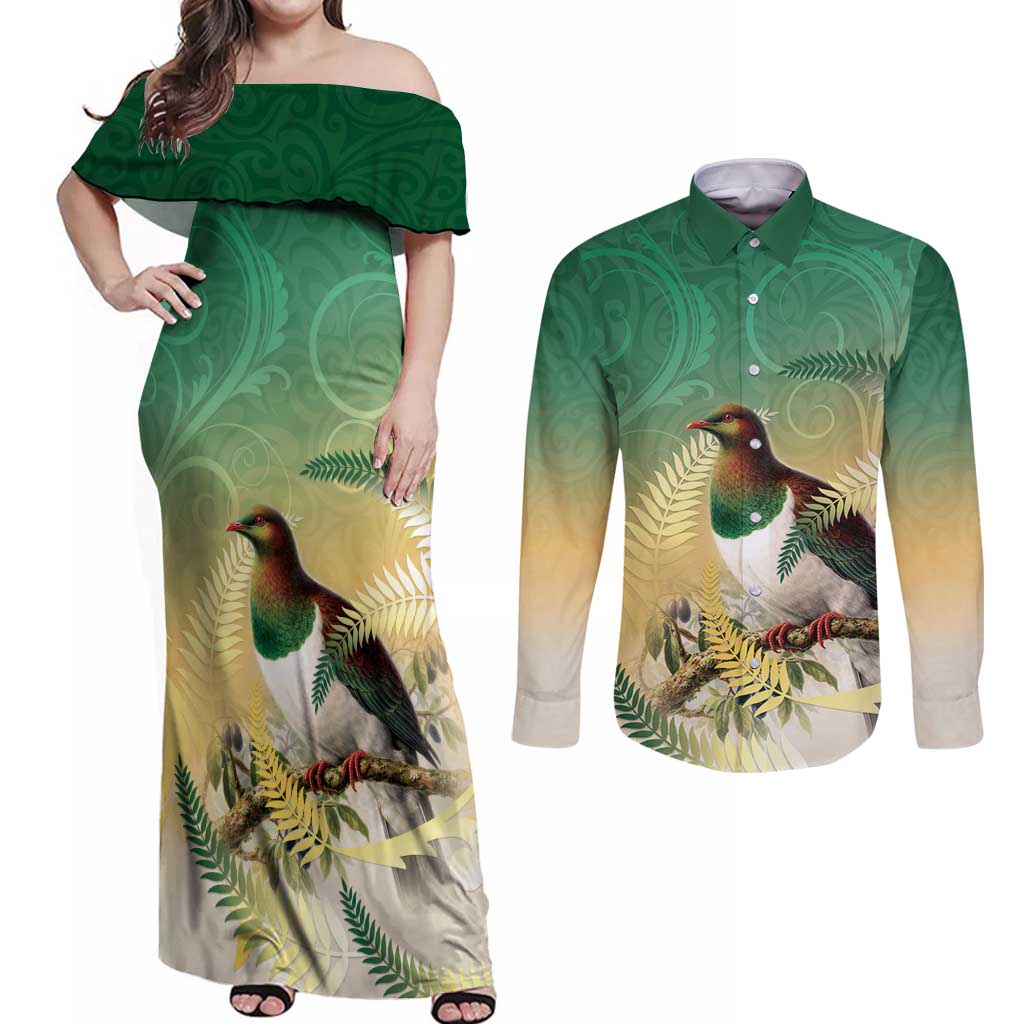 New Zealand Pigeon Kereru Couples Matching Off Shoulder Maxi Dress and Long Sleeve Button Shirt Maori Fern Art Green Gradient LT05 Green - Polynesian Pride
