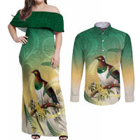 New Zealand Pigeon Kereru Couples Matching Off Shoulder Maxi Dress and Long Sleeve Button Shirt Maori Fern Art Green Gradient LT05 Green - Polynesian Pride