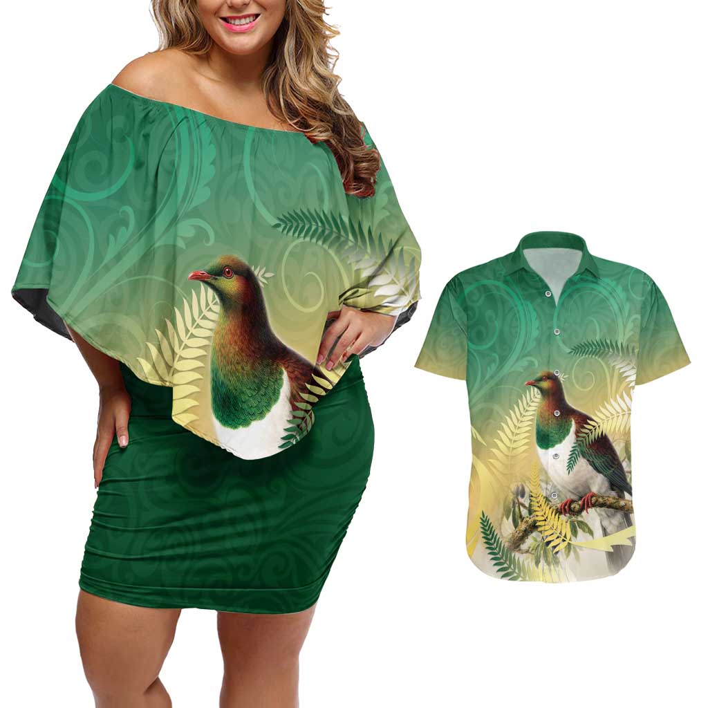 New Zealand Pigeon Kereru Couples Matching Off Shoulder Short Dress and Hawaiian Shirt Maori Fern Art Green Gradient LT05 Green - Polynesian Pride