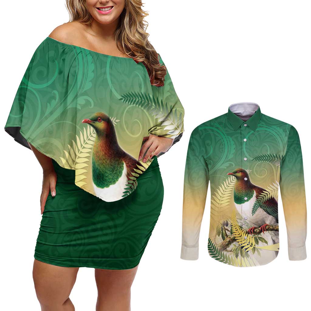 New Zealand Pigeon Kereru Couples Matching Off Shoulder Short Dress and Long Sleeve Button Shirt Maori Fern Art Green Gradient LT05 Green - Polynesian Pride
