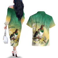 New Zealand Pigeon Kereru Couples Matching Off The Shoulder Long Sleeve Dress and Hawaiian Shirt Maori Fern Art Green Gradient LT05 - Polynesian Pride