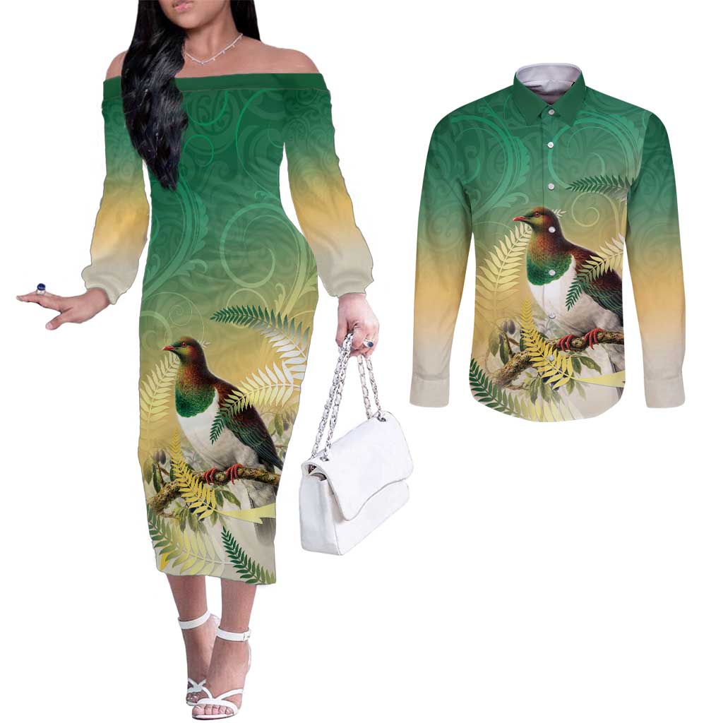 New Zealand Pigeon Kereru Couples Matching Off The Shoulder Long Sleeve Dress and Long Sleeve Button Shirt Maori Fern Art Green Gradient LT05 Green - Polynesian Pride