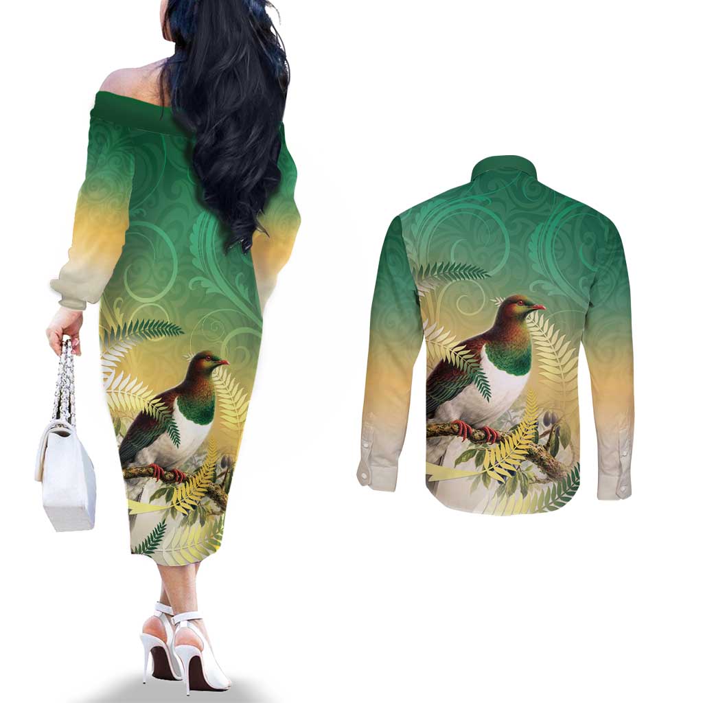 New Zealand Pigeon Kereru Couples Matching Off The Shoulder Long Sleeve Dress and Long Sleeve Button Shirt Maori Fern Art Green Gradient LT05 - Polynesian Pride