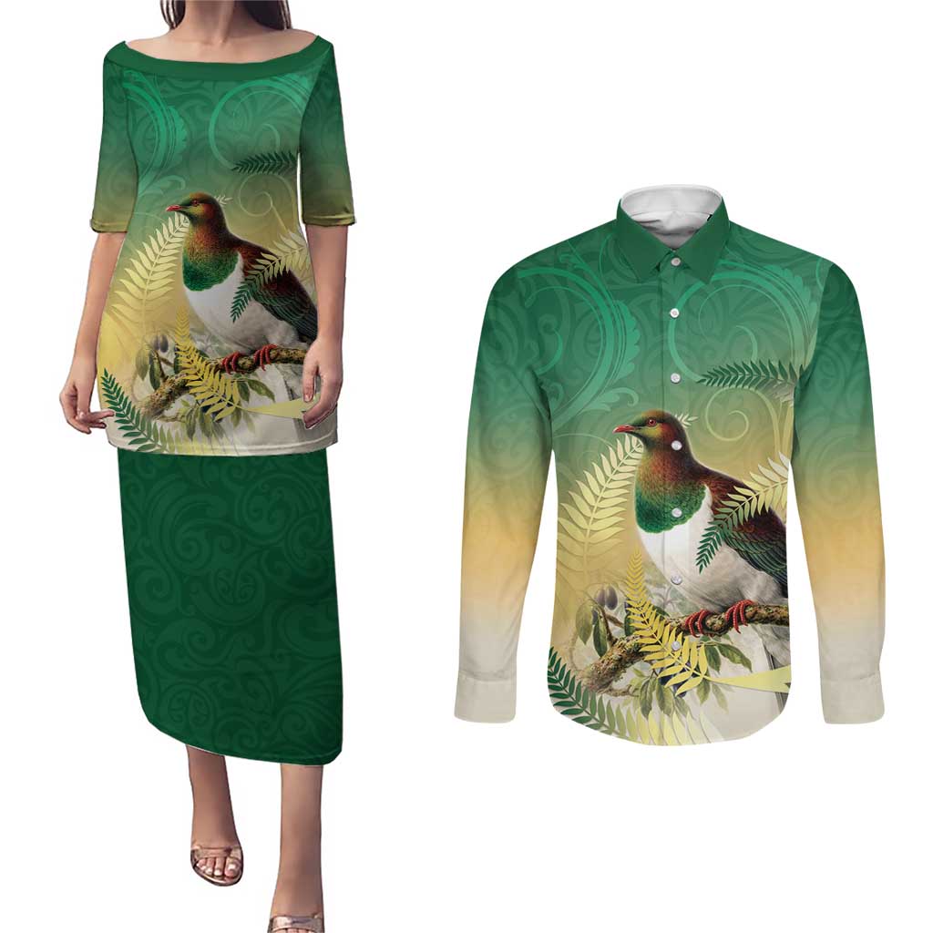 New Zealand Pigeon Kereru Couples Matching Puletasi and Long Sleeve Button Shirt Maori Fern Art Green Gradient LT05 Green - Polynesian Pride