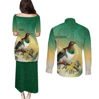 New Zealand Pigeon Kereru Couples Matching Puletasi and Long Sleeve Button Shirt Maori Fern Art Green Gradient LT05 - Polynesian Pride