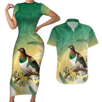 New Zealand Pigeon Kereru Couples Matching Short Sleeve Bodycon Dress and Hawaiian Shirt Maori Fern Art Green Gradient LT05 Green - Polynesian Pride