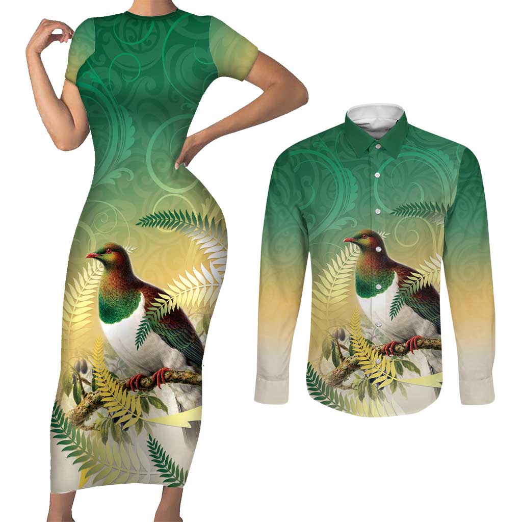 New Zealand Pigeon Kereru Couples Matching Short Sleeve Bodycon Dress and Long Sleeve Button Shirt Maori Fern Art Green Gradient LT05 Green - Polynesian Pride