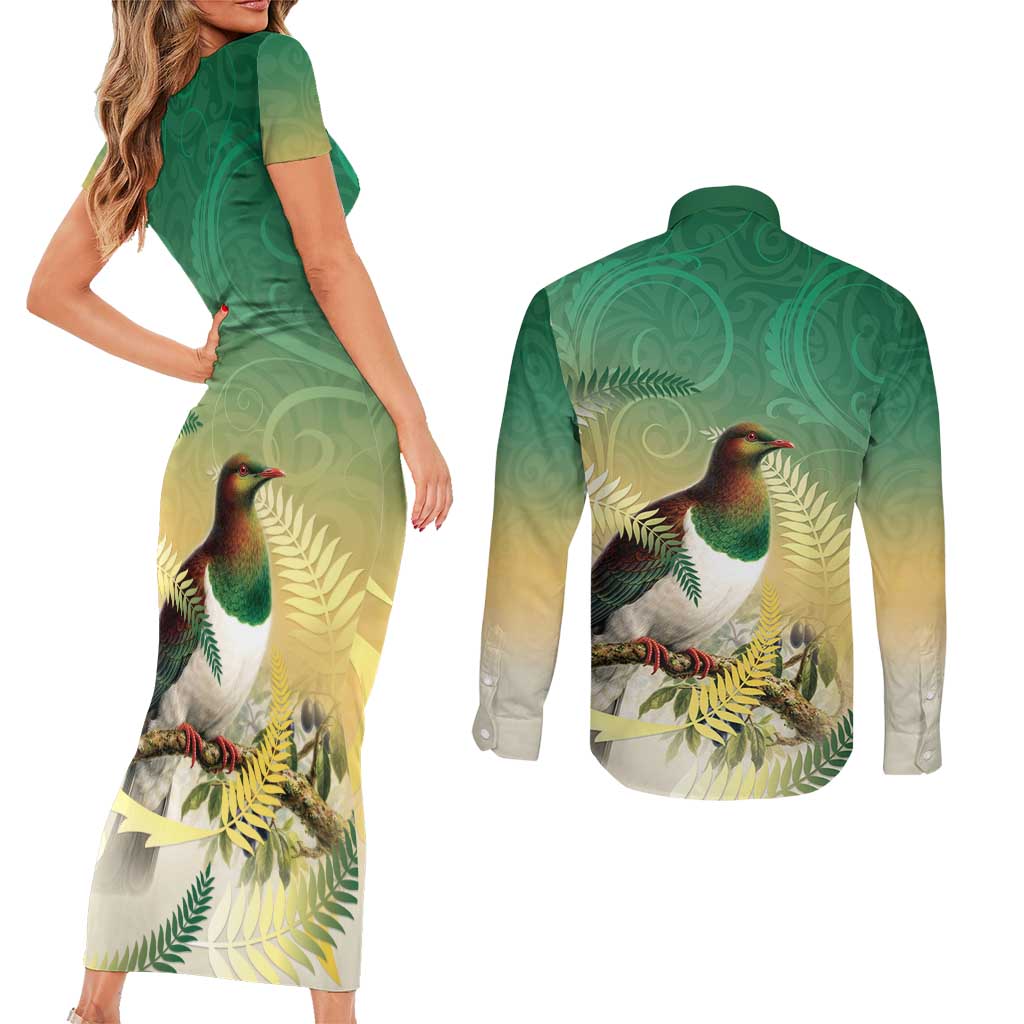 New Zealand Pigeon Kereru Couples Matching Short Sleeve Bodycon Dress and Long Sleeve Button Shirt Maori Fern Art Green Gradient LT05 - Polynesian Pride