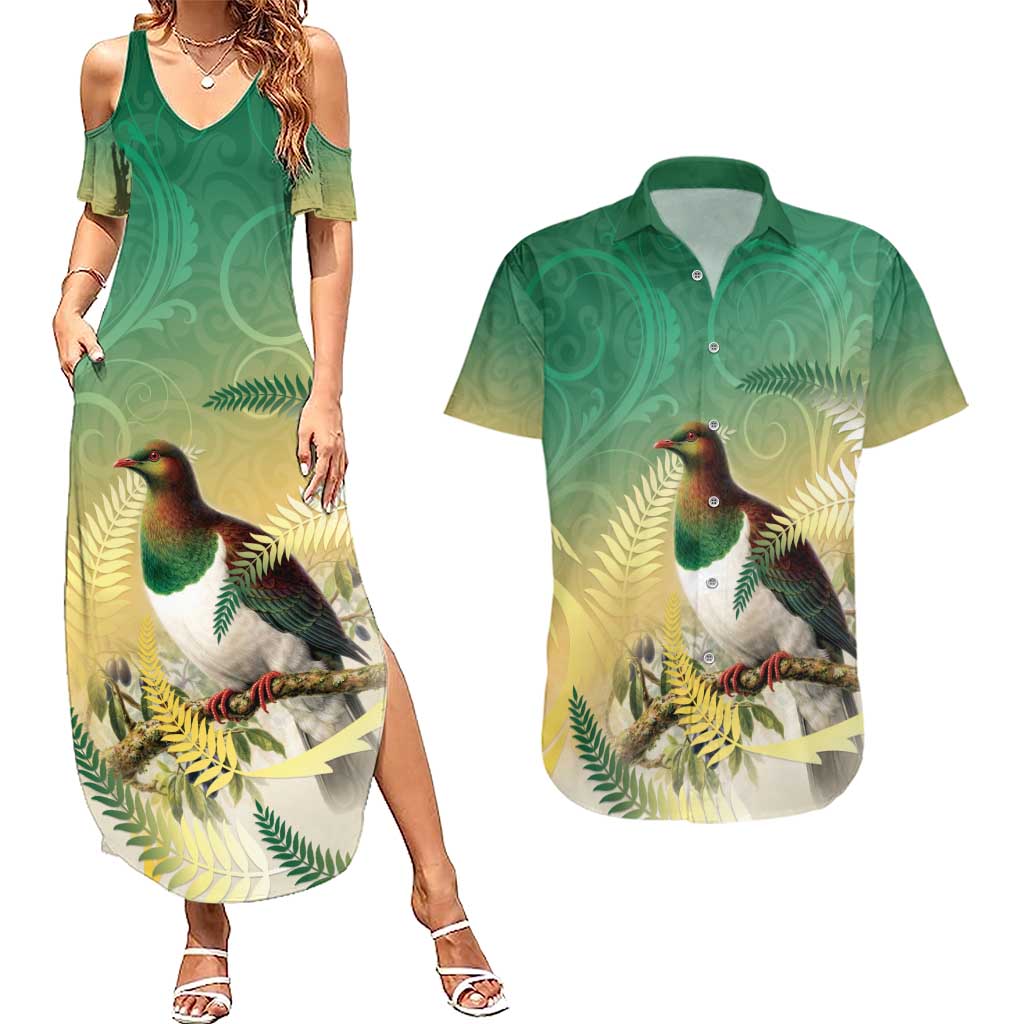 New Zealand Pigeon Kereru Couples Matching Summer Maxi Dress and Hawaiian Shirt Maori Fern Art Green Gradient LT05 Green - Polynesian Pride