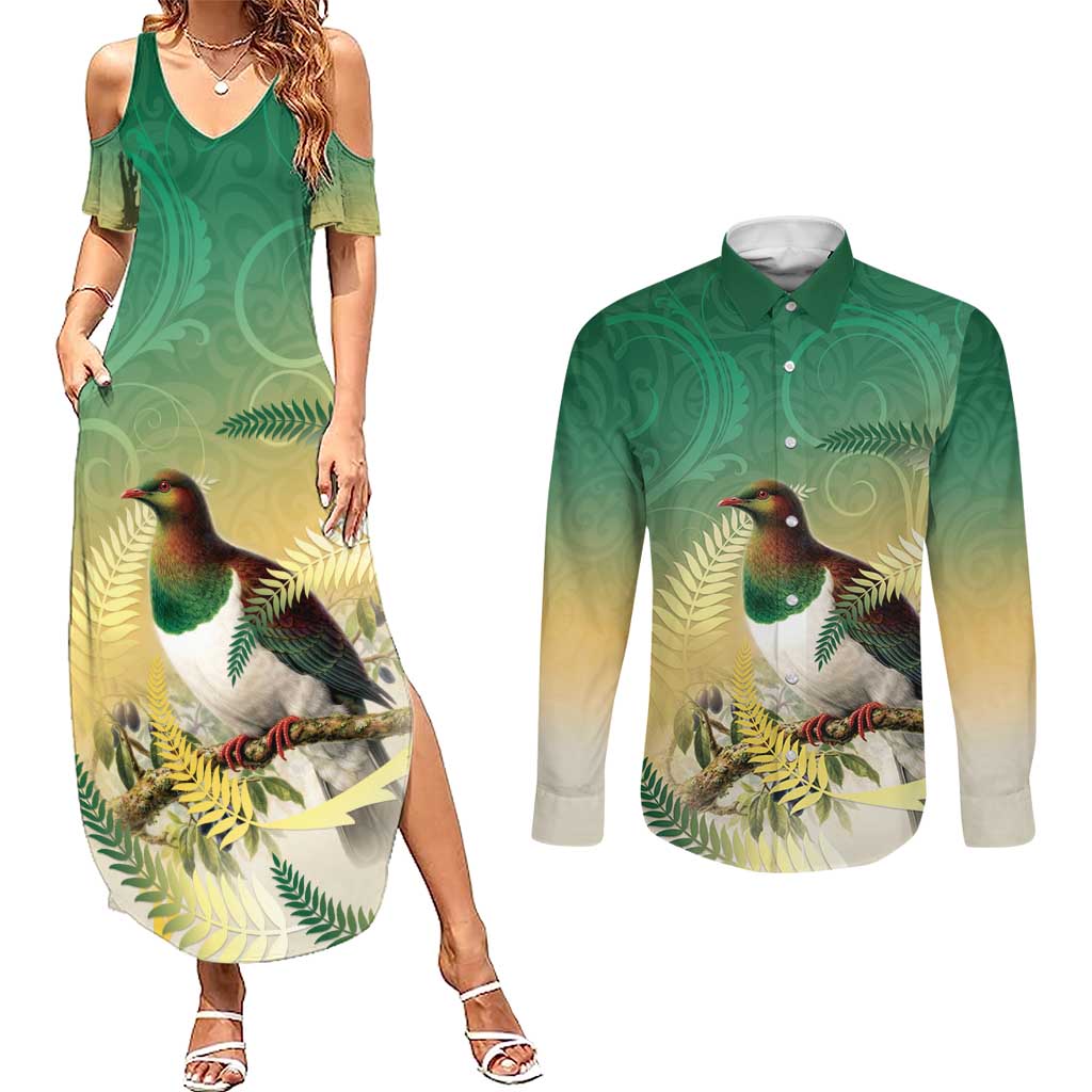 New Zealand Pigeon Kereru Couples Matching Summer Maxi Dress and Long Sleeve Button Shirt Maori Fern Art Green Gradient LT05 Green - Polynesian Pride